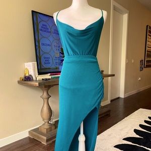 Emerald Green Slinky Cowl Neck Bodysuit with Emerald Green Wrap Split Skirt